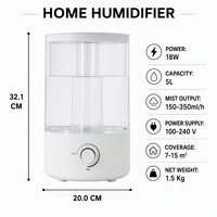 Humidificateur ultrasonique électrique portable 5L avec humidistat, diffuseur d'huiles essentielles et veilleuse, silencieux (<30dB) pour hôtel et usage domestique