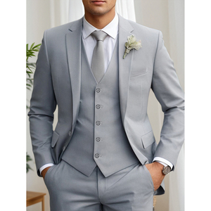 Slim Fit Business Jacket + <b>Vest</b> + Trousers, Comfortable for All-Day Wear Stretch Fabric Grey Men's 3PCS Suits - Product Image 4