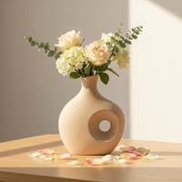 Vases décoratifs pour la maison en céramique de luxe ARM LVG, forme sculpturale circulaire en relief, finition beige mate, vase à fleurs en porcelaine