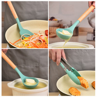 Prix Bas Ustensiles de Cuisine Antiadhésifs, Ensemble de 12 Cuillères en Silicone à Manche en Bois, Outils de Cuisson Multicolores