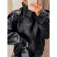 OFTBUY Vintage Damen Mode Frühling Herbst PU Kunstleder Motorradjacke mit Reißverschluss Strukturierte Textur Modisches Design