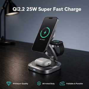 แท่นชาร์จไร้สาย 25W Qi2 3 in 1 ชาร์จเร็วพิเศษ วัสดุโลหะผสมสังกะสี พับได้ แม่เหล็กยึด สำหรับ iPhone 15 14 13 สมาร์ทวอทช์ หูฟัง - Product Image 1