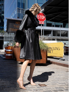 Cappotto <span class=keywords><strong>Trench</strong></span> in Pelle con Lungo Bordo in Pelliccia Sintetica da Donna, Cappotto in Pelle con Cerniera e Collo in Pelliccia, Cappotto Autunnale e Invernale da Donna - Product Image 6