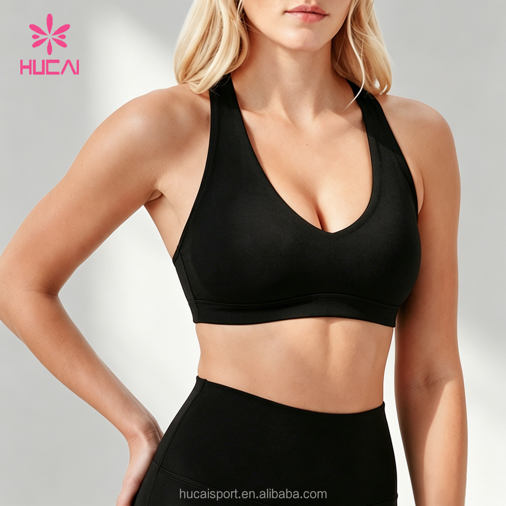 ODM HUCAI Custom Logo Quick Dry high impact Workout Fitness Crop Top Womens Wireless Push Up V-neck Cross Back Sports bra