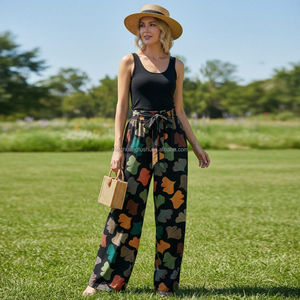 Custom Women's Ginkgo Leaf Print <strong>Trousers</strong> with Tie Waist Wide Leg Bottoms Pants <strong>Ladies</strong> - Product Image 3