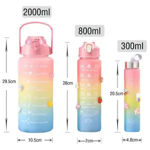 2000ml 900ml 500ml BPA free Portable Leakproof Motivational Water Bottle With Time Maker Gradient Color Plastic Water Bottle Set