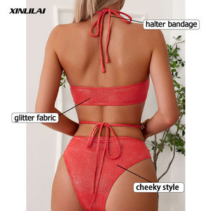 <span class=keywords><strong>Maillot</strong></span> <span class=keywords><strong>de</strong></span> <span class=keywords><strong>bain</strong></span> une pièce pour femme, style bikini halter à paillettes avec lacets croisés à la taille, personnalisable, marque privée - Product Image 2