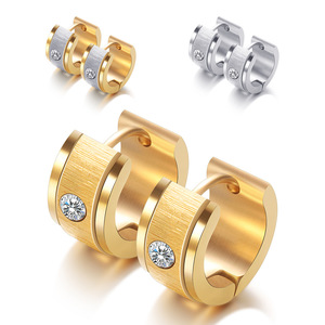Fashion Clip-on Earrings 7mm Stainless Steel <b>Brushed</b> Zircon Inlaid Geometric Design For Women Party Jewelry Gold And Steel - Product Image 1