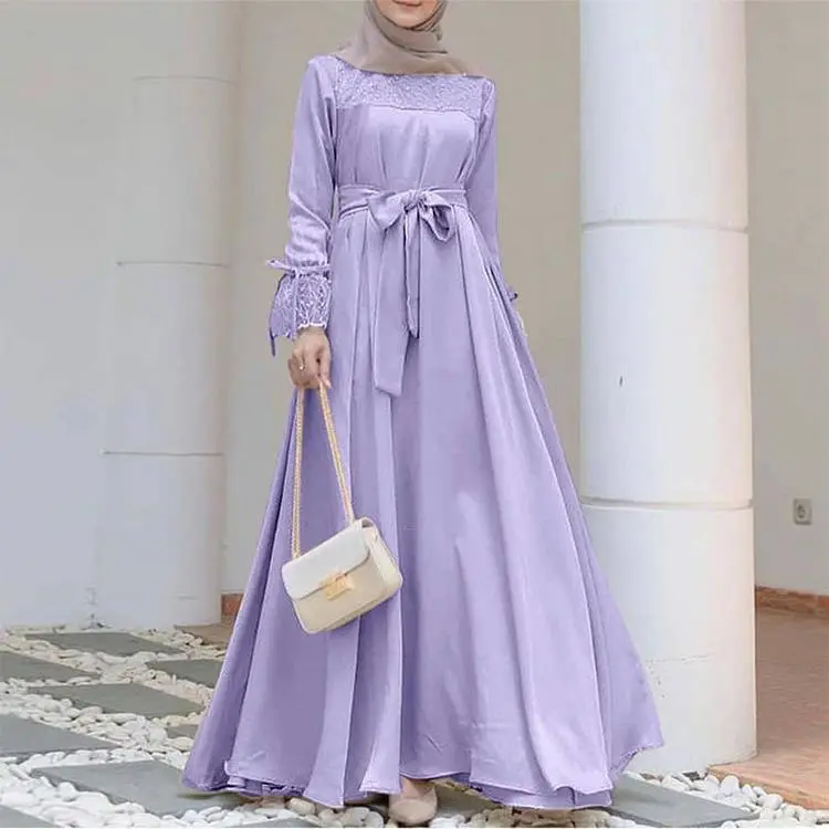 Solid Color Lace Splicing Round Neck Long Sleeve Casual Party Dress Muslim Wedding Dress Elegant