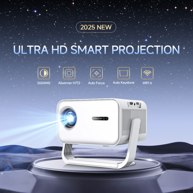 Portable LED LCD Projector 260 Lumens 1080P 4K Support with Smart Android Short Throw Lens for Home Theater Outdoor Movie Night