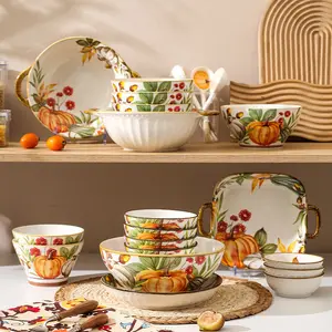 Vintage kürbis handbemaltes Keramik-Geschirr-Set Teller Reis Nudeln Speisewaren Teller Schalen-Set