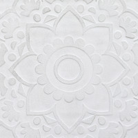 Art mural mandala texturé peint à la main, motif en relief blanc avec bordure noire, design complexe, style distinctif, peinture murale
