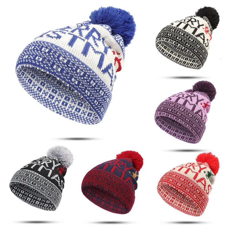 หมวกคริสมาสต์ใส่ได้ทั้งชายและหญิง,หมวกไหมพรม Pompom Beanies หมวกกวางเรนเดียร์ฤดูหนาวปรับได้ปี DLL391