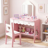 Table de maquillage princesse en bois pour enfant avec chaise, miroir et tiroirs de rangement