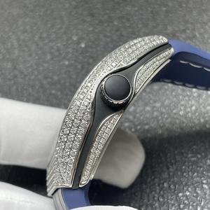 Montre pour homme de la série V45, luxe, échelle temporelle arc-en-ciel, entièrement sertie de diamants, bracelet en cuir bleu, entièrement automatique, mécanique, verre saphir - Product Image 4