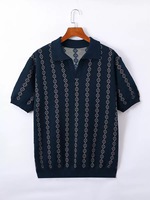 Polo en maille décontracté pour homme, motif jacquard losanges gaufré vintage, col à revers, manches courtes, pull en maille pour l'été