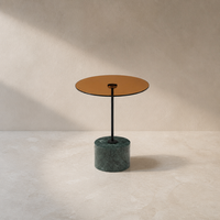 Table d'appoint en marbre vert naturel d'Inde Future Star, plateau en verre fumé ambré, base tambour, personnalisable, luxe pour salon