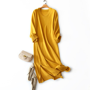OEM/ODM Pull-over décontracté en laine de cachemire à encolure en O pour femmes, <span class=keywords><strong>robe</strong></span> en tricot mince et ample pour femmes, surdimensionné avec fente, fabricant - Product Image 4