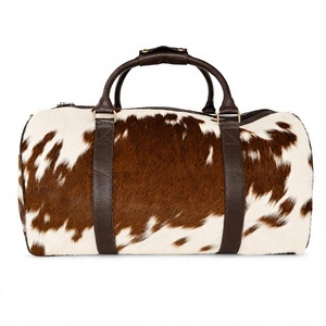 FAZMAX Oval Duffle Bag Cowhide Leather Brown White Unisex Travel Shoulder Strap Zipper Closure Slit Pocket 20-36L Eco-Friendly - Product Image 1