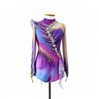 Robe de patinage artistique à manches longues dégradé violet, costume décoré de strass pour la compétition et les spectacles des adultes et des enfants