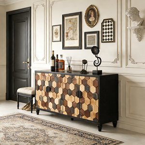 Armoire de rangement style vieilli avec motif nid d'abeille, meuble d'appoint moderne avec portes, buffet - Product Image 3
