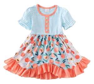 Vestidos de Verano Personalizados de Manga Corta para Niñas, Top Azul a Cuadros con Estampado de Manzanas, Vestido con Volantes y Botones para Bebés - Product Image 4