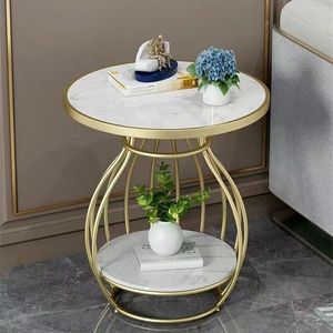 Tavolino da Caffè Moderno <span class=keywords><strong>Rotondo</strong></span> in <span class=keywords><strong>Finto</strong></span> <span class=keywords><strong>Marmo</strong></span> Bianco e Oro con Spazio di Archiviazione per Soggiorno e Camera da Letto - Product Image 1