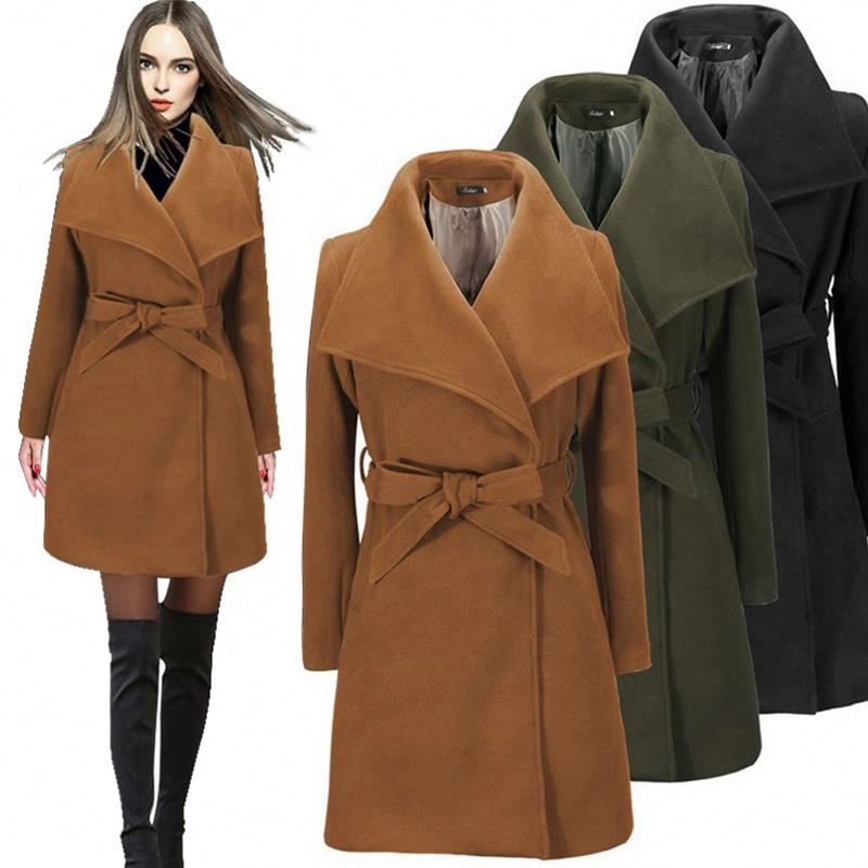 New Fashion Frauen Mädchen Revers Gürtel massiven Woll mantel heißen Stil Damen warme Winterkleid ung für Frauen