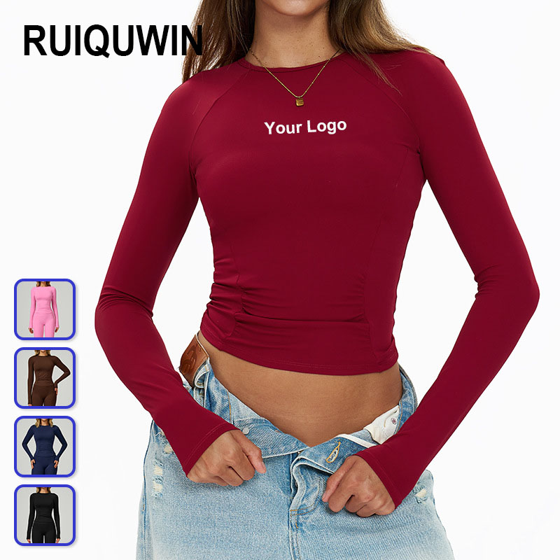 RUIQUWIN OEM Custom Women's Round-Neck Yoga Long-Sleeve Tops Quick-Dry Slim-Fit Sports Shirts High-Stretch Running Fitness Wear
