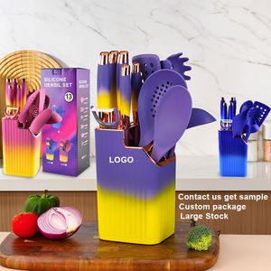 Utensilios de Cocina de Silicona, Juego de Cuchillos de Cocina de 13 Piezas, Utensilios de Cocina Antiadherentes Resistentes al Calor con Cubo de Almacenamiento Giratorio - Product Image 1