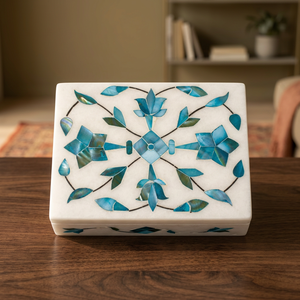 Caja de Joyería Rectangular de Mármol con Diseño Floral Azul Incrustado, Moderna Caja de Almacenamiento para Joyas para el Día de Acción de Gracias - Product Image 2