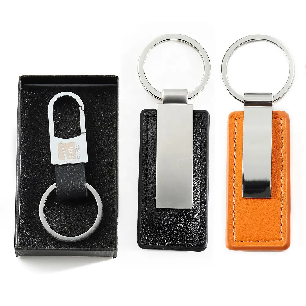 luxury metal and leather Keyring Keychain Custom Logo Pu Car Leather laser engraving logo Key Holder