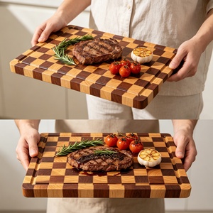 Planche à découper carrée en bois à motif d'échiquier esthétique, bloc de boucher à grain de bois traversant, plateau de service réversible, support gastronomique - Product Image 4