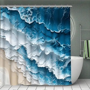 Cortina de Ducha de Poliéster con Diseño de Olas Azules y Paisaje Oceánico, Impresión Digital, Impermeable, Personalizada, Moderna, Venta al Por Mayor - Product Image 4