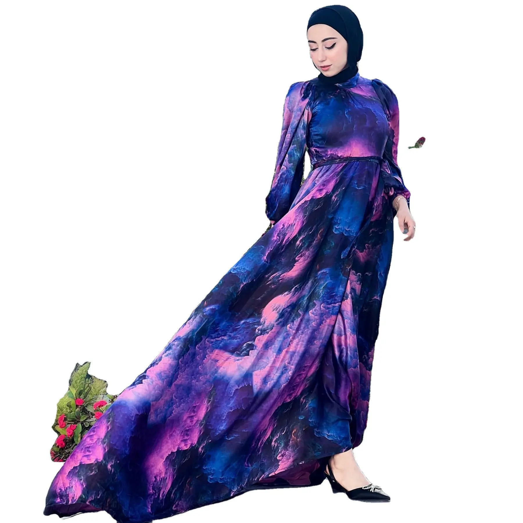 Neue Modesammlung Kleiddruck floral schönes breites Kleid Türkei-Design langärmeliges Maxikleid für Damen L0152