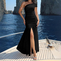 Robe de soirée longue et moulante ethnique personnalisée pour femme, asymétrique à une épaule, sans manches, froncée, coupe ajustée, pour soirée