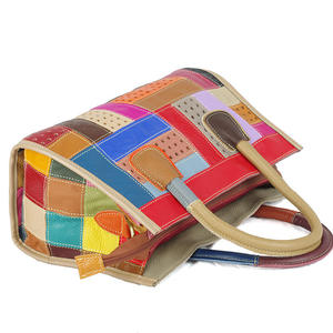 Lady Top <b>Handle</b> Bags Genuine Cow Leather <b>Handbag</b> Women Vintage Fashion Geometric Pattern Contrast Color Shoulder Crossbody Bag - Product Image 4
