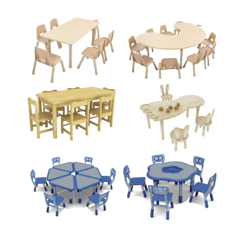 Mobili in legno scuola di plastica in legno luna asilo nido scuola materna prescolare tavolo e sedia Set per bambini