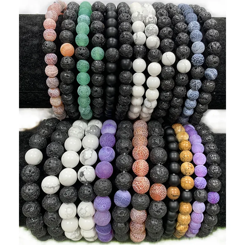 Bracelet Set Couples Black White Natural Lava Stone Tiger Eye Beaded Yoga Bracelets For Men Women Elastic Rope Jewelry