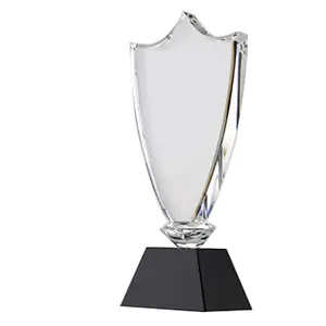 Manufacturer Newly Designed Customized Black Trapezoidal Base Crystal Glass Shield Trophy