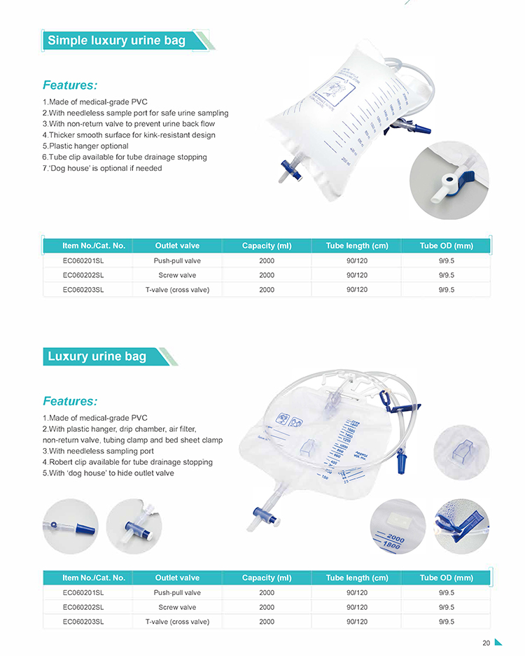 Bolsa de orina médica desechable quirúrgica de 2000 ml para uso hospitalario Bolsa de drenaje de orina desechable