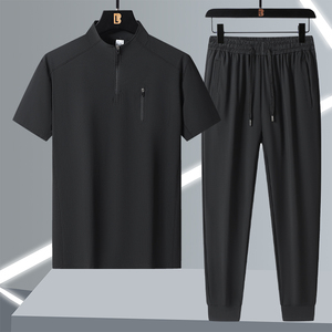 ชุดสูทแขนสั้นผ้าไหมน้ำแข็งสำหรับผู้ชายกางเกงระบายความร้อนแบบบางระบายอากาศได้สำหรับฤดูร้อนกีฬาสันทนาการสองชิ้นแฟชั่นระบายอากาศใส่สบาย - Product Image 1