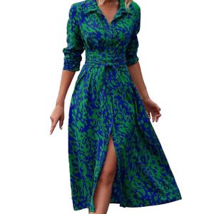 Vestido midi bohemio de manga larga con estampado completo, botones frontales y abertura en el muslo para mujer - Product Image 1