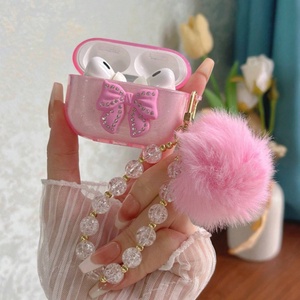 3D Bowknot <b>Glitter</b> Crystal Clear Protective Case for Airpods Pro 2 Plush <b>Ball</b> Keychain Earbuds Stylish Headphone Case - Product Image 3