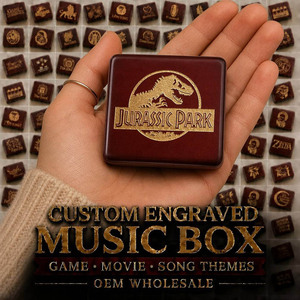 Boîte à musique en bois rouge bordeaux gravée Jurassic Park, motif dinosaure classique, film science-fiction, personnalisable, OEM, vente en gros 18 - Product Image 1