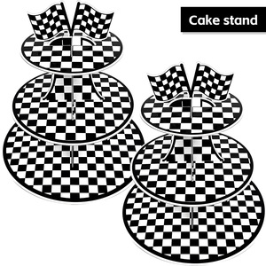 Support à gâteau à trois niveaux en papier à carreaux noir et blanc pour décorations de fête sur le thème des courses, présentation de table d'anniversaire - Product Image 4