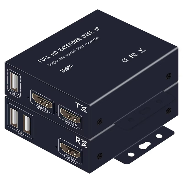 20KM HDMI USB KVM Extender Transmitter Receiver Over TCP IP Via Optical Fiber 1080P 20KM HDMI to Fiber KVM Extender TCP/IP Black