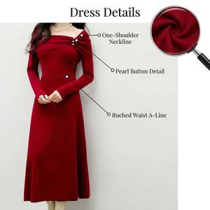 CHIU SHUI <span class=keywords><strong>Abito</strong></span> Vintage <span class=keywords><strong>Monospalla</strong></span> in Maglia da Donna con Bottoni di Perle e Vita Arricciata, Modello A-Line <span class=keywords><strong>Midi</strong></span> Autunno Inverno - Product Image 2