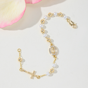 Pulsera de Rosario de Perlas de San Benito para Mujer, Pulsera con Cruz de la Virgen María y Circonitas - Product Image 4
