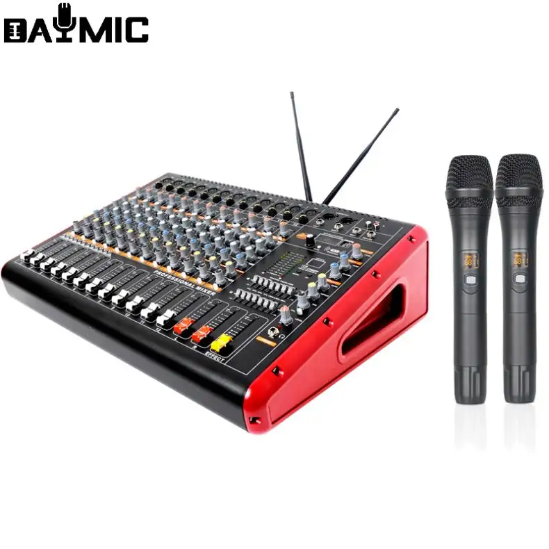 OEM Professional 500W power mixer 12 channel audio mixer with Dual wireless microphone stage performance